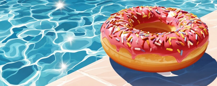 Pink donut inflatable pool float with sprinkles sitting poolside on a sunny day