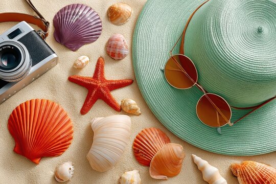 Top-down view of beach hat, sunglasses, seashells and camera arranged on sand for summer vacation