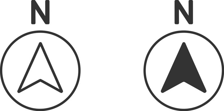 Minimalist compass point symbols featuring black and white arrow heads pointing north for orientation tools location tracking and site plans.
