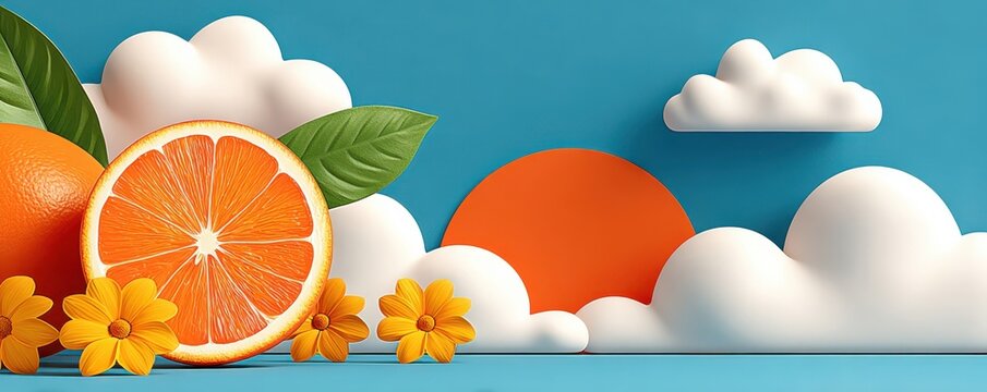 Vibrant flat lay of halved orange with flowers, clouds and sun illustration for summer designs