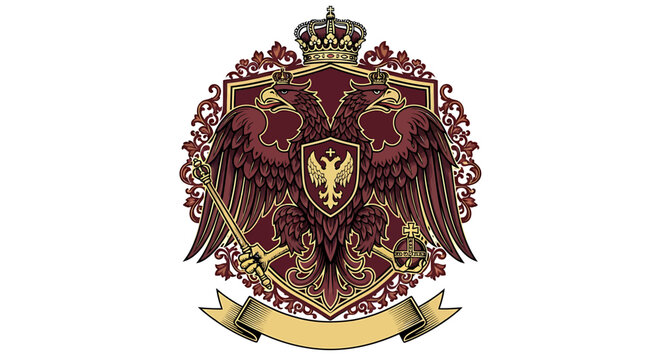 Ornate Double Headed Eagle Symbol with Imperial Crown and Regalia on Decorative Shield