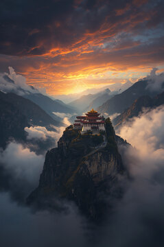 Ancient Temple on Mountain Peak at Sunset Amidst Clouds and Valley View