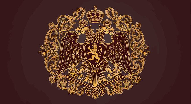 Elaborate Golden Double Headed Eagle Heraldic Symbol with Lion Crest and Ornate Regal Embellishments