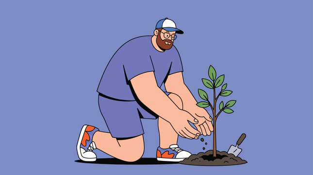 Happy bearded man planting a young tree sapling vector illustration