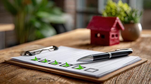Clipboard rental checklist with silver pen and row of green check marks next to red house model for property inspection report and landlord management banner