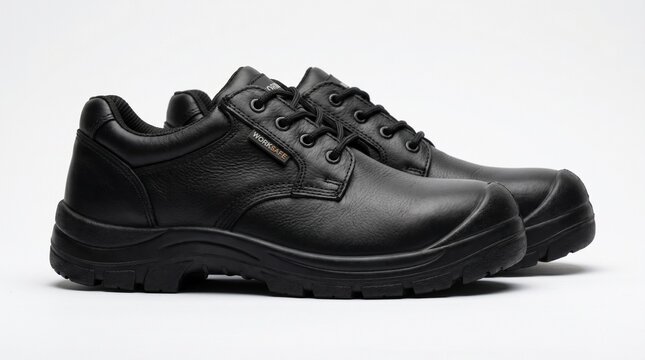 Heavy-duty safety shoes with steel toe isolated on white background, designed for protection and industrial work environments.