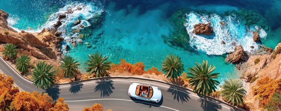 Aerial view of a white convertible driving along a scenic coastal road with turquoise ocean