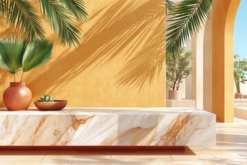 Obraz premium Minimal Mediterranean interior with light cream marble bench, golden plaster wall and tropical plants