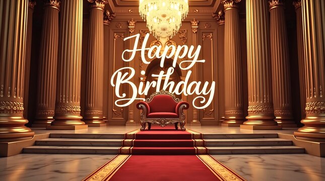 Luxurious birthday design featuring elegant white Happy Birthday text above red throne on raised platform with golden columns, chandelier and marble steps with red carpet