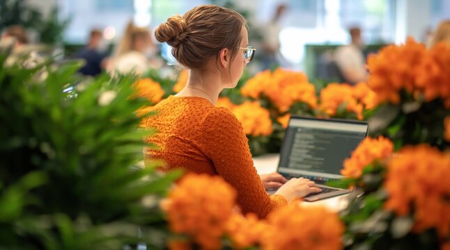 Woman with her hair in bun, wearing glasses and orange sweater, is focused on her laptop screen. High quality photo
