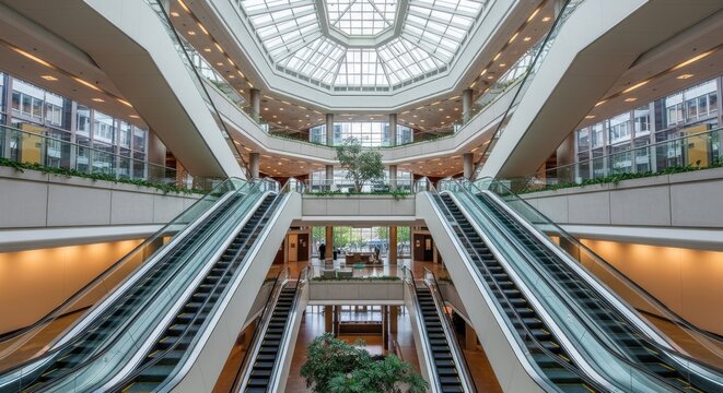 Symmetrical escalators ascend through a modern multi-level atrium showcasing architectural design and vertical movement