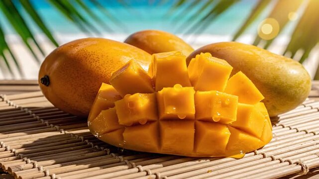 Ripe Mangoes on a Bamboo Mat with a Tropical Beach Background