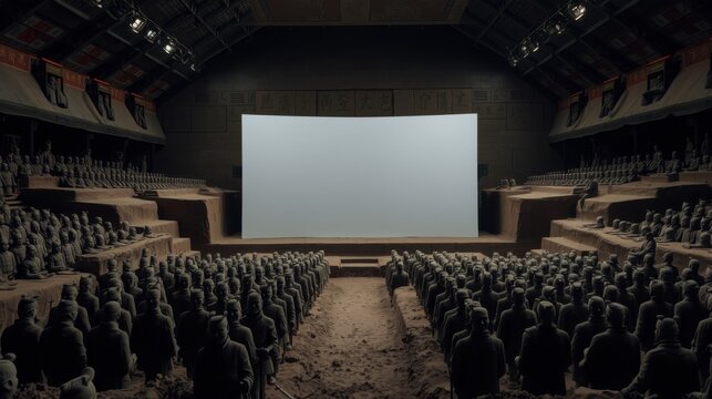 Terracotta army exhibit. Rows statues fill large hall. Dim lighting creates dramatic effect. Empty screen dominates center. History, culture, art.