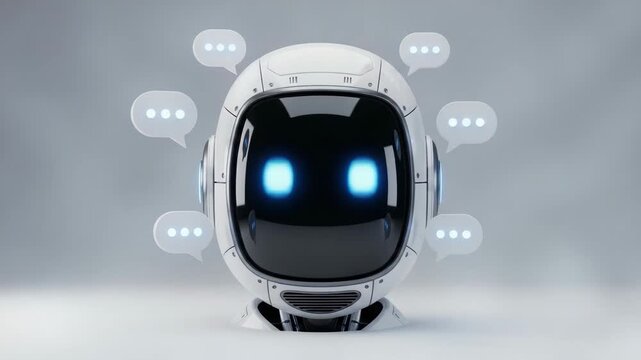 Digital Companion's Discourse: A modern, friendly robot head with glowing blue eyes, accompanied by thought bubbles, represents digital interaction and technological advancement.