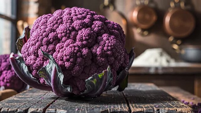 Vibrant Purple Cauliflower On Rustic Wooden Table