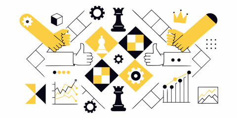 abstract hands with chess pieces and gears modern vector illustration on white background high quality professional detailed elegant © Sribas