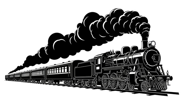 Vintage Steam Train Silhouette, Black and White, Smoke Trail