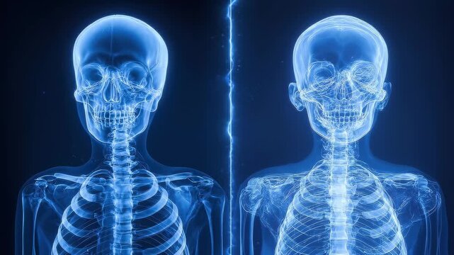 Split-screen medical X-ray style comparison showing a normal child skeleton on the left and a child with Cornelia de Lange Syndrome on the right