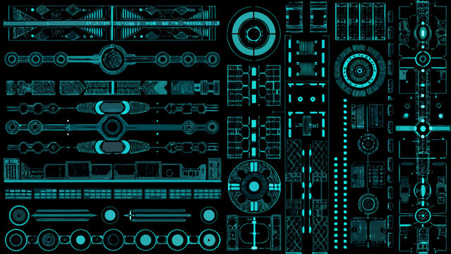 cyan hud interface elements collection with various futuristic shapes and digital control panels on black background high quality