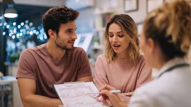  Cornelia De Lange Syndrome: Genetic counselor explaining a chromosome karyotype chart to a young couple in a modern clinic office, empathetic interaction