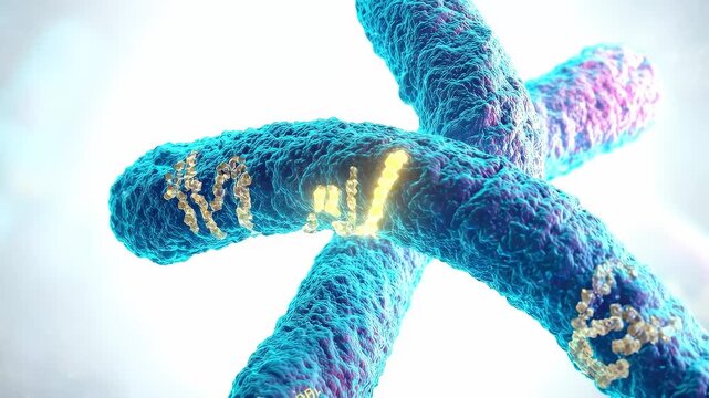  Cornelia De Lange Syndrome: Medical illustration of human chromosome 5 with the NIPBL gene mutation highlighted, scientific diagram style with labeled genetic markers