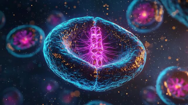 Cornelia De Lange Syndrome: Scientific illustration of a human cell during mitosis, chromosomes aligned at the metaphase plate, spindle fibers highlighted in electric violet
