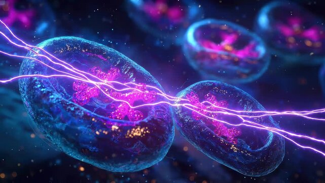  Cornelia De Lange Syndrome: Scientific illustration of a human cell during mitosis, chromosomes aligned at the metaphase plate, spindle fibers highlighted in electric violet