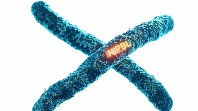  Cornelia De Lange Syndrome: Medical illustration of human chromosome 5 with the NIPBL gene mutation highlighted, scientific diagram style with labeled genetic markers