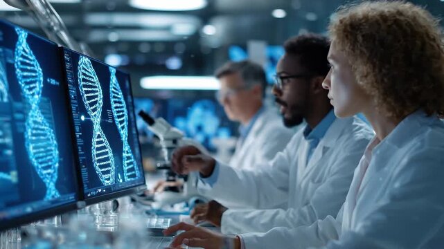  Cornelia De Lange Syndrome: Team of diverse medical researchers working in a genetics laboratory, analyzing chromosomal data on large digital screens, focused collaboration