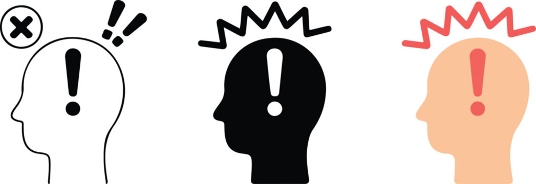 Human head profile icons with exclamation mark and error symbols representing mental stress headache confusion memory loss and brain fatigue concepts