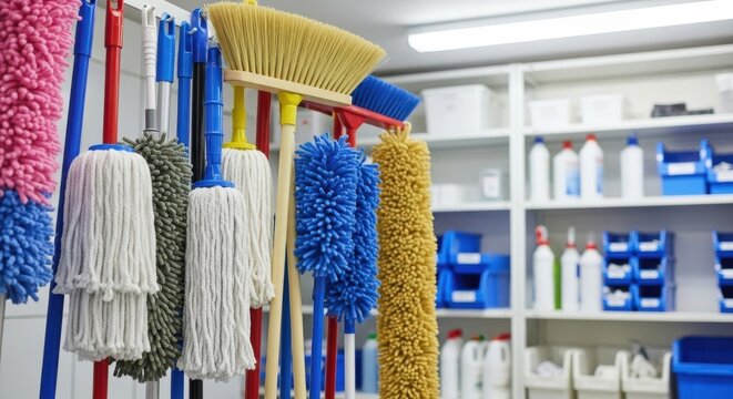 Assortment of Household Cleaning Tools Including Mops and Brooms on Shelves