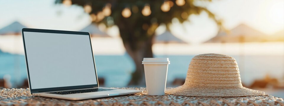 Laptop, cup, and straw hat are placed on table by ocean, symbolizing remote work and leisure. High quality photo