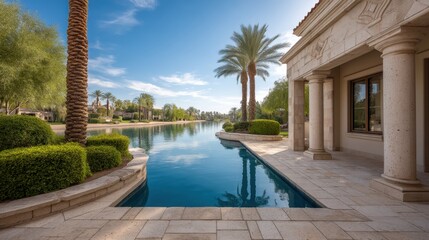 Fototapeta premium Serene Luxury Poolside View in Elegant Residential Area with Palm Trees and Calm Water, Perfect for Relaxation and Dream Home Imagery