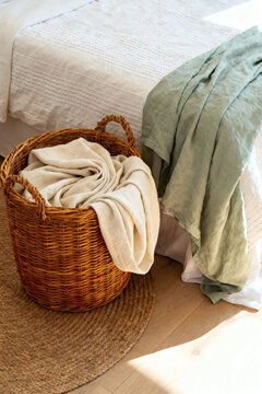 Woven Basket with Linen Throw Next to Bed on Hardwood Floor Home Decor