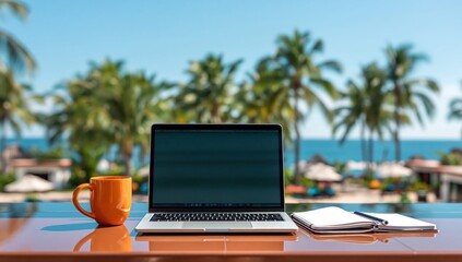 Obraz premium Laptop, coffee mug, and notebook are placed on table with stunning view of tropical beach and ocean, perfect for remote work or vacation. High quality photo