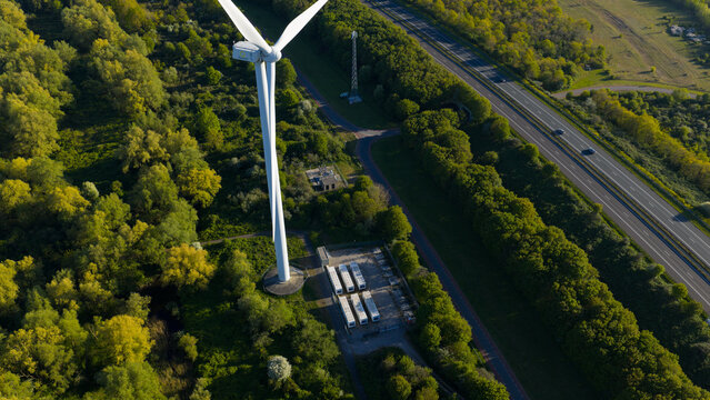 Drone view of a stationary energy storage system near Hellegatsplein wind farm, used for grid balancing, FCR, imbalance control, and renewable power storage.