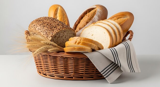Assorted Breads in Wicker Basket on White Background
