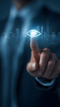 Business professional interacting with circular camera icon, modern city skyline.