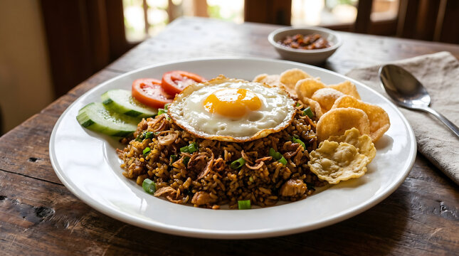 Nasi goreng features a mound of savory fried rice topped with a perfectly fried sunny-side-up egg and served on a rustic wooden table with fresh side garnishes.