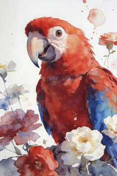 Vibrant Red Macaw Parrot Watercolor Painting with Floral Elements