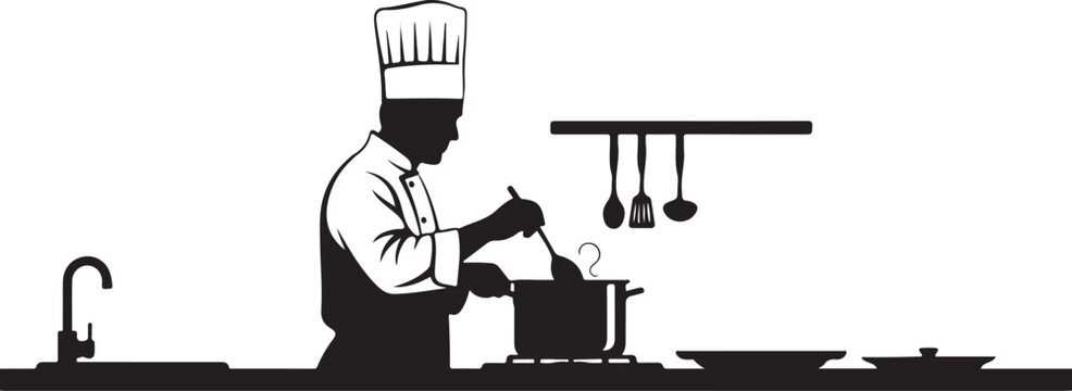 Black silhouette chef cooking in kitchen with utensils