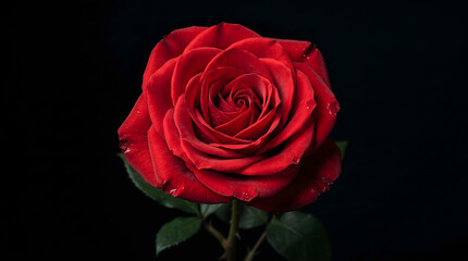 Fototapeta premium Rose with deep crimson petals stands in perfect isolation against a stark black background to emphasize its velvety texture.
