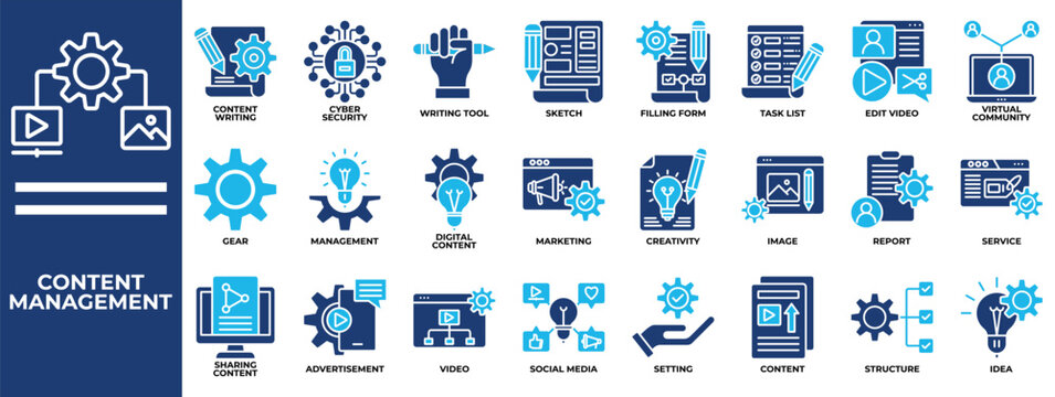 Content Management icon set collection. Containing review, sharing, performance, report, writing, management, plan .Solid vector icons collection