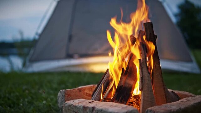 Closeup of campfire with bright flames in fire pit on grass near tent and calm lake at sunset, capturing peaceful outdoor camping atmosphere in Savci Slovenia