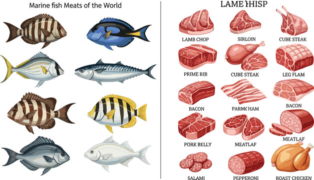 Comprehensive Food Collection Featuring Diverse Marine Fish Species and Various Raw Meat Cuts Including Beef Steaks, Pork, Chicken, and Sausages Vector Illustration Set