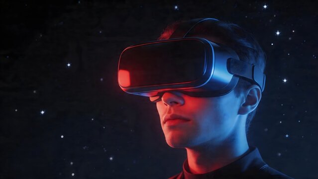 Young man wearing VR headset in space