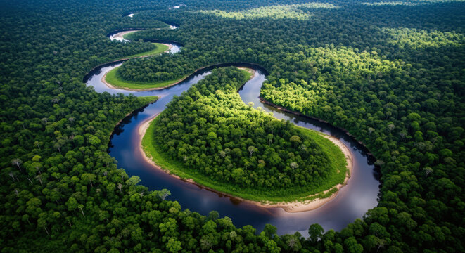 Aerial View of a Winding River Meandering Through a Dense Rainforest 