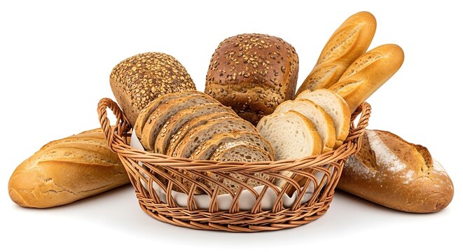 Assorted Breads in Woven Basket on White Background