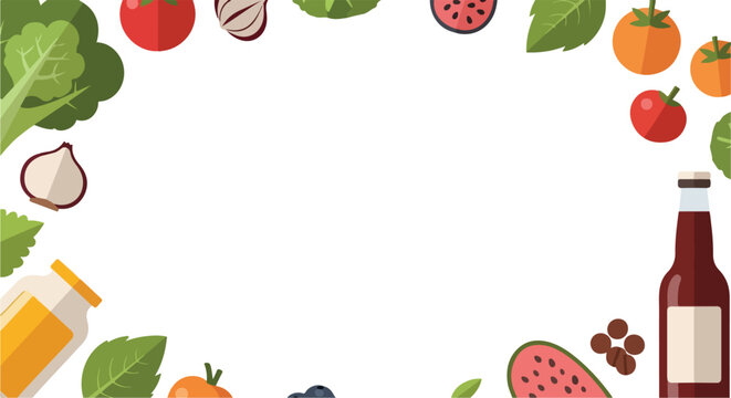 A minimalist vector illustration features a border composed of various fresh vegetables, fruits, and condiments surrounding a central white space.