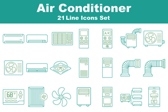 air conditioner outline icon set vector. Air Conditioning icon set. Editable stroke. featuring AC unit, remote, fan, temperature, filter, maintenance, ventilation, installation, and thermometer.